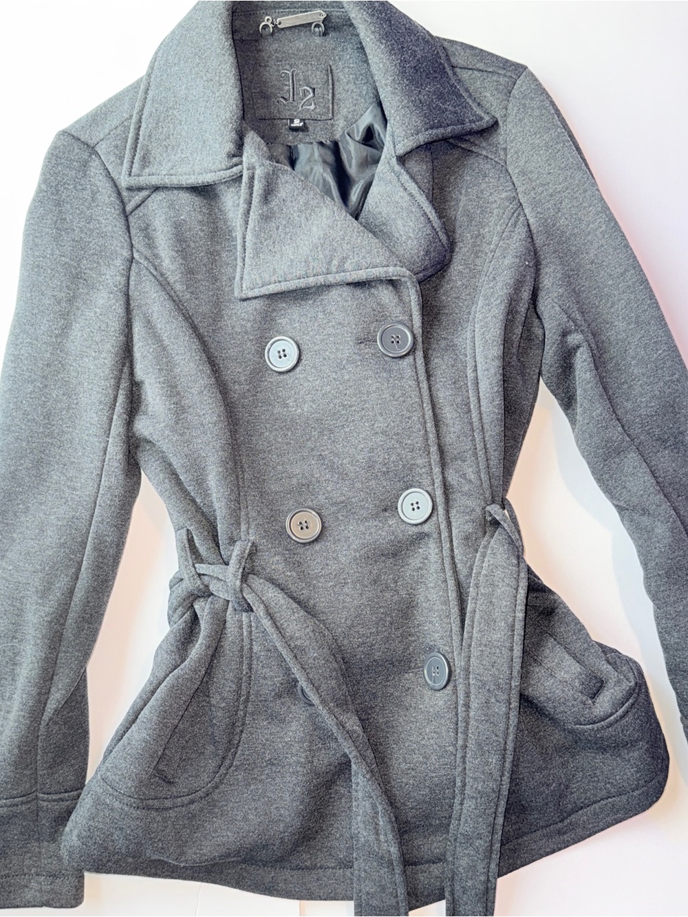 Women's Gray Double-Breasted Pea Coat with Belt